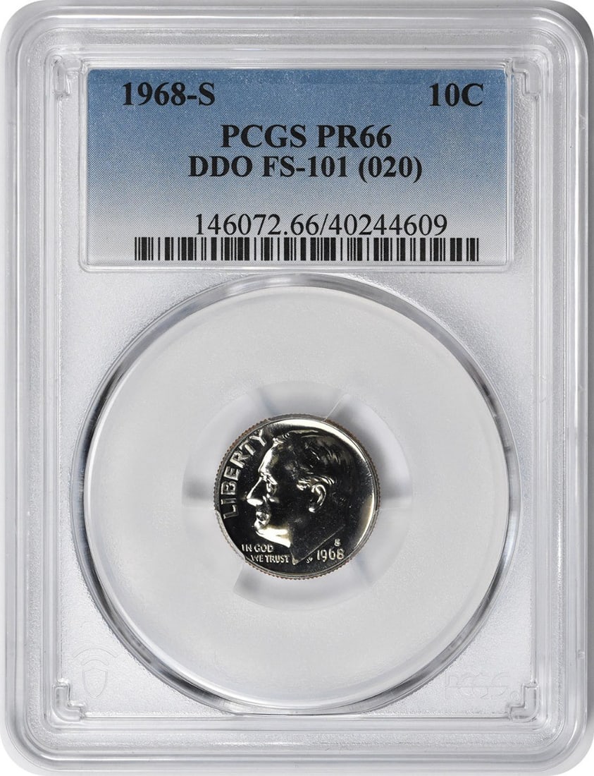 Dime Roosevelt 1968-S FS-101 PR66 PCGS: Dime Roosevelt 1968-S FS-101 PR66 PCGS The 1968-S Dime Roosevelt, certified PR66 by PCGS, boasts a striking appearance with its PR66 grade, indicating a high level of detail and luster. This