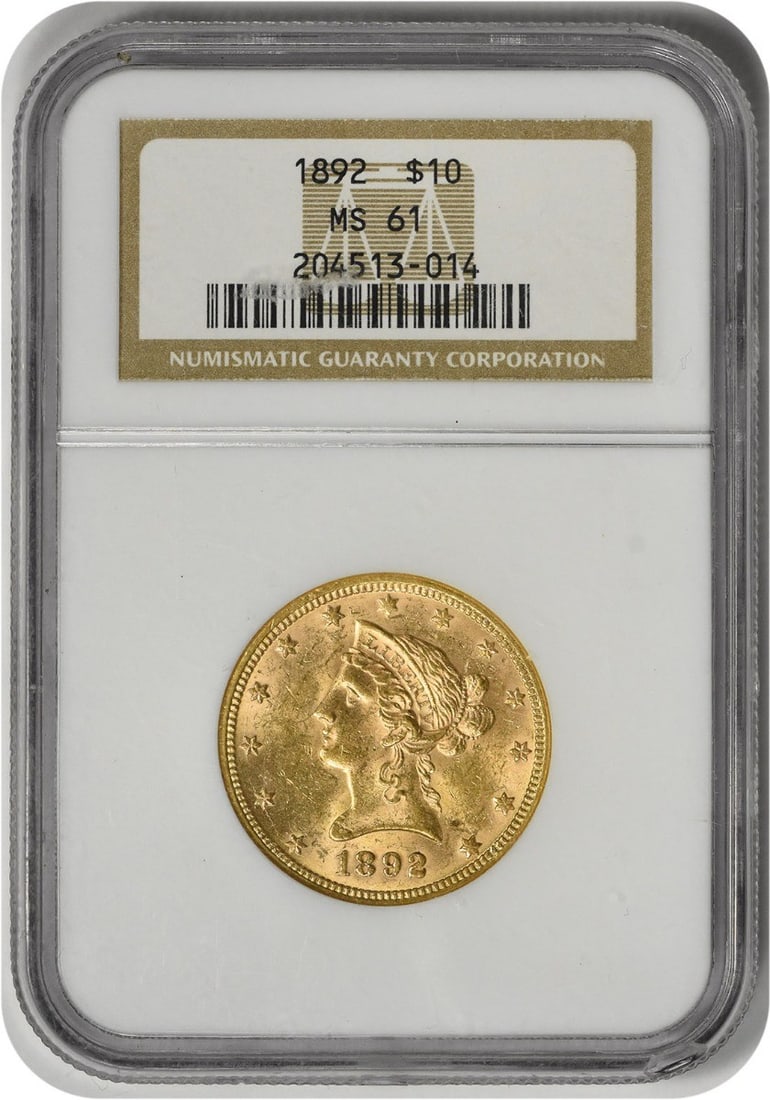 1892 $10 Gold Liberty Head MS61 NGC: 1892 $10 Gold Liberty Head MS61 NGC The 1892 $10 Gold Liberty Head MS61 NGC is a highly detailed and well-crafted coin, featuring the iconic Liberty Head design by Christian Gobrecht. With its 90% gol