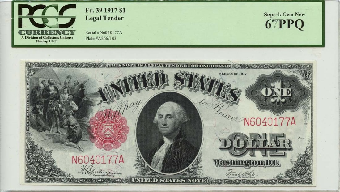 1917 $1 Legal Tender Note FR#39 PCGS Superb GEM 67 PPQ: 1917 $1 Legal Tender Note FR#39 PCGS Superb GEM 67 PPQ The 1917 $1 Legal Tender Note features a stunning Superb GEM 67 grade, showcasing exceptional condition and detail. This rare and historic note, 