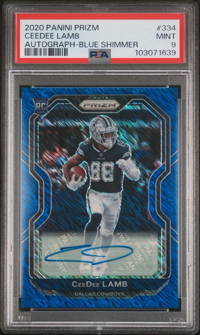 2020 PANINI PRIZM CEEDEE LAMB #334 BLUE SHIMMER ROOKIE AUTO/ 25 PSA 9 (1 of 3)