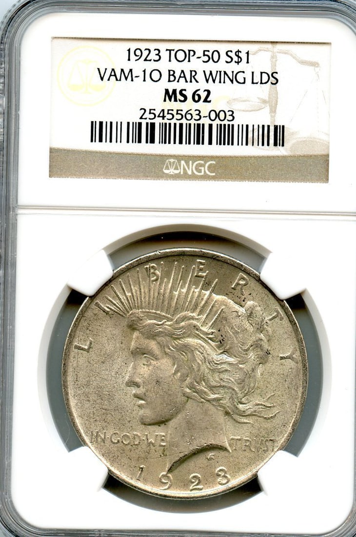 C5142- 1923 VAM-1O BAR WING LDS TOP 50 PEACE DOLLAR NGC MS62: C5142- 1923 VAM-1O BAR WING LDS TOP 50 PEACE DOLLAR NGC MS62 The 1923 VAM-1O Bar Wing Peace Dollar features a distinctive design element, the winged Liberty, which adds a unique touch to this circulat