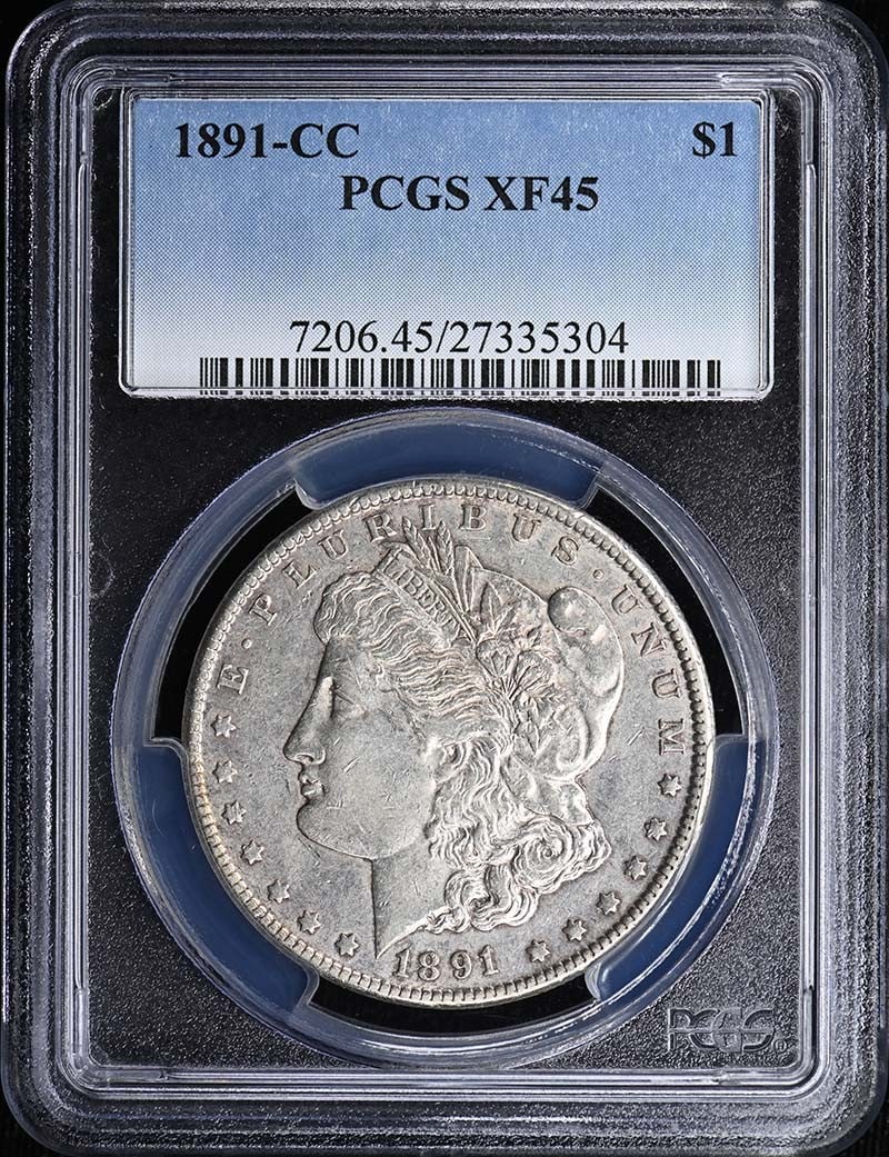 1891-CC $1 Morgan Dollar PCGS XF45: 1891-CC $1 Morgan Dollar PCGS XF45 The 1891-CC $1 Morgan Dollar is a circulated coin with a PCGS XF45 grade, bearing the official certification number 27335304. This coin features the iconic design of