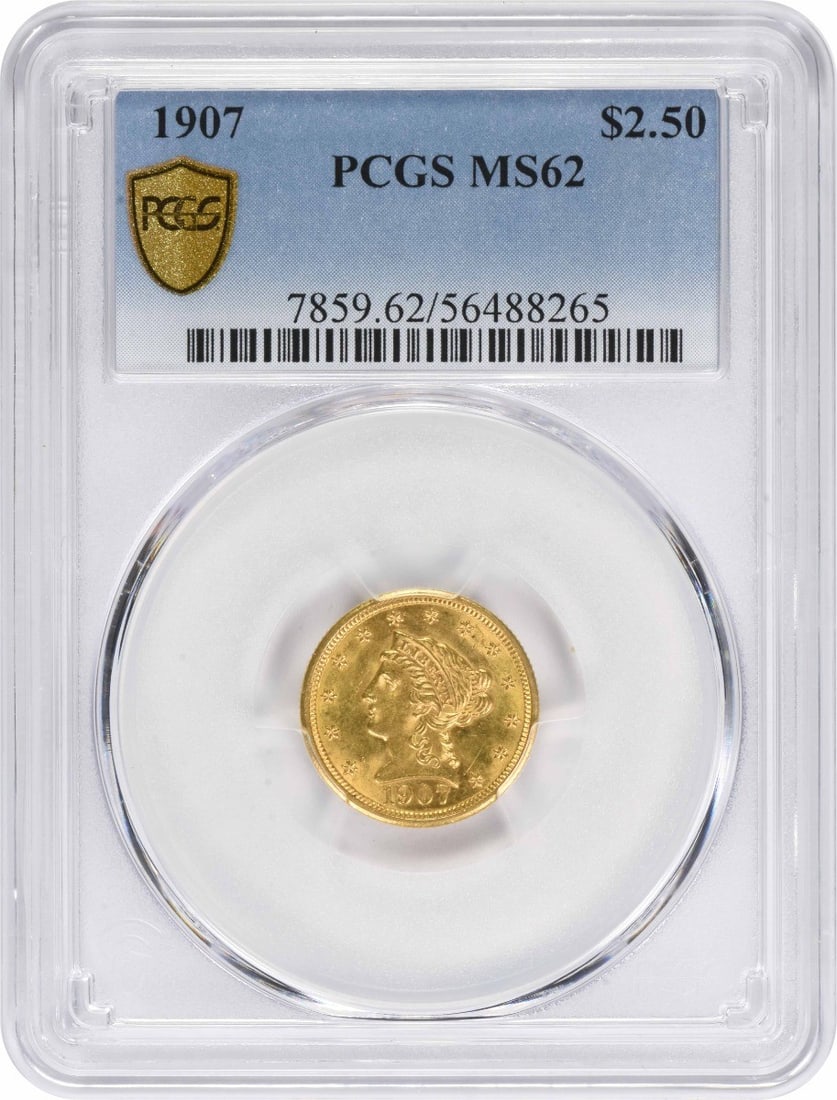 1907 $2.50 Gold Liberty Head MS62 PCGS: 1907 $2.50 Gold Liberty Head MS62 PCGS The 1907 $2.50 Gold Liberty Head MS62 PCGS is a highly detailed and well-crafted gold coin, boasting a striking design and exceptional condition. Certified by th
