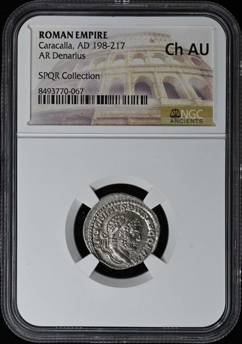 Caracalla, AD 198-217 ROMAN EMPIRE AR Denarius NGC AU55: Caracalla, AD 198-217 ROMAN EMPIRE AR Denarius NGC AU55 NGC AU55 graded Caracalla, AD 198-217 Roman Empire Ar Denarius, bearing a certification number 8493770067, showcases the intricate details of th