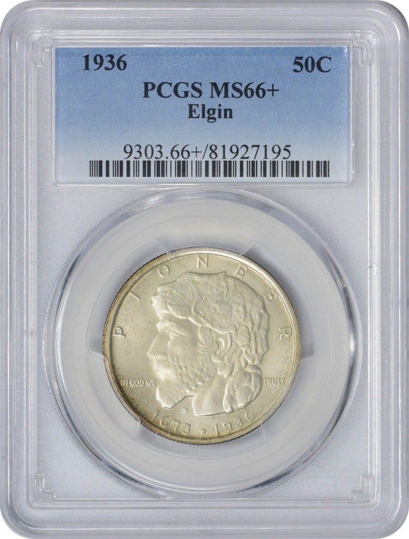 1936 Elgin Commemorative Half MS66+ PCGS Mint State 66+: 1936 Elgin Commemorative Half MS66+ PCGS Mint State 66+ The 1936 Elgin Commemorative Half Dollar is a rare and historic coin, certified by PCGS as MS66+ in Mint State condition. With a mintage of just