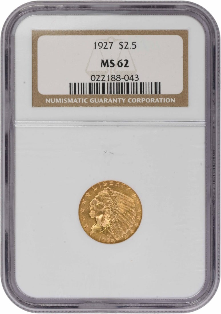 $2.50 1927 Gold Indian MS62 NGC: $2.50 1927 Gold Indian MS62 NGC The 1927 Gold Indian MS62 NGC is a highly detailed and intricately crafted gold coin, certified by the Numismatic Guaranty Corporation (NGC) as uncirculated and bearing