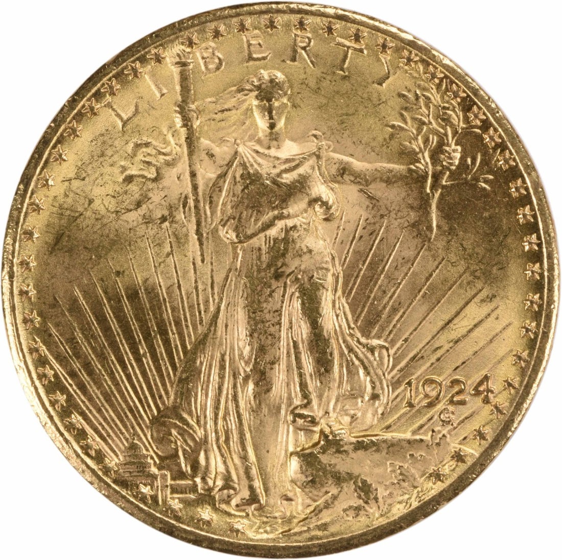 1924 $20 Gold St. Gaudens MS60 Uncertified: 1924 $20 Gold St. Gaudens MS60 Uncertified The 1924 $20 Gold St. Gaudens MS60 Uncertified is a highly detailed and intricately designed gold coin featuring the iconic St. Gaudens portrait. Crafted fro