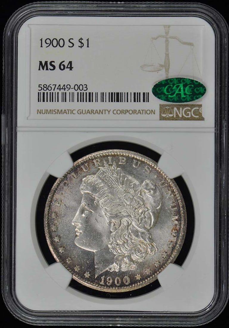 S$1 NGC MS64 CAC 1900-S Morgan Dollar: S$1 NGC MS64 CAC 1900-S Morgan Dollar The 1900-S Morgan Dollar, graded MS64 by the NGC, boasts a high level of detail and luster, characteristic of its circulated uncirculated condition. Certified by 