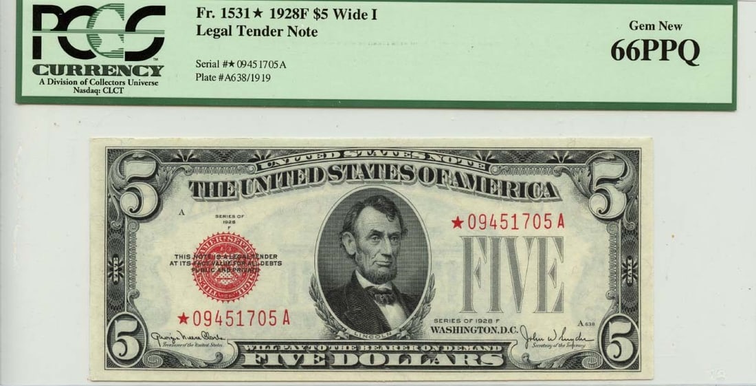 1928F $5 Legal Tender Red Seal Wide I FR#1531 PCGS Gem 66PPQ: 1928F $5 Legal Tender Red Seal Wide I FR#1531 PCGS Gem 66PPQ The 1928F $5 Legal Tender Red Seal features a striking design with a bold red seal, making it a visually appealing addition to any collecti