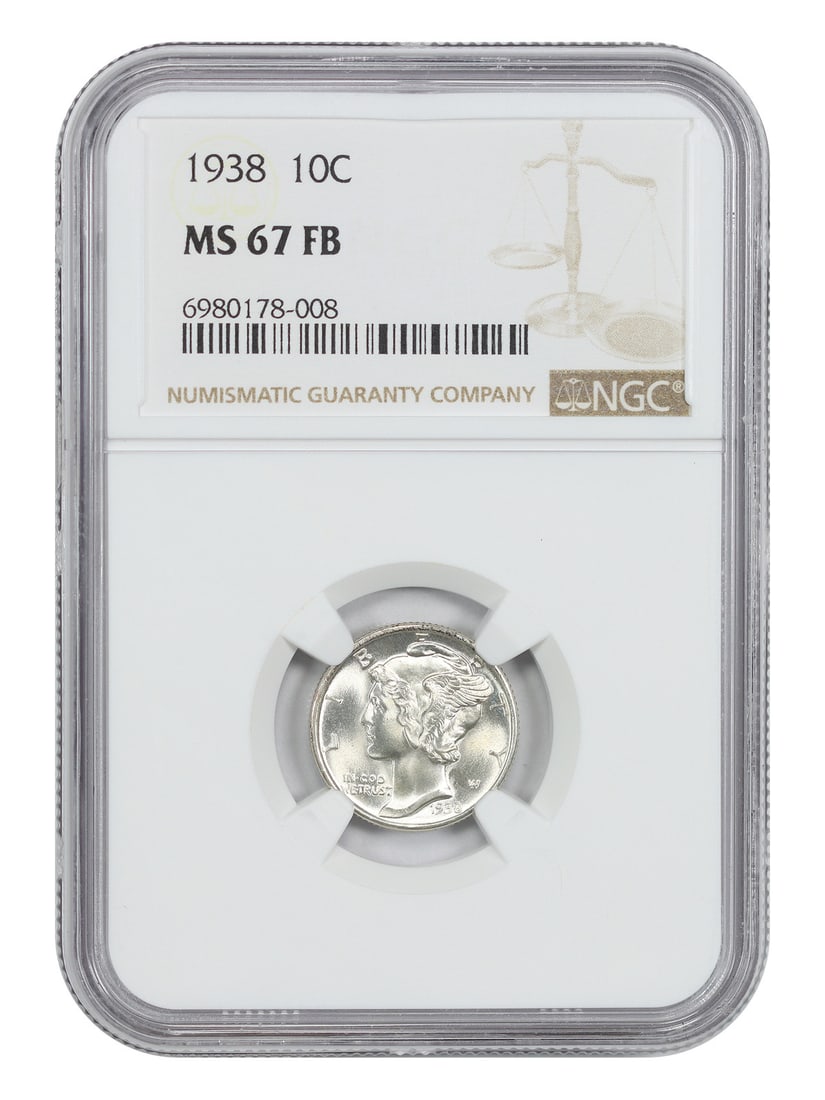 MS67FB Mercury Dime 10C 1938: MS67FB Mercury Dime 10C 1938 The MS67FB Mercury Dime 10C 1938 is a highly graded uncirculated coin, certified by the NGC with a unique number 6980178008. This coin features the iconic Mercury design a