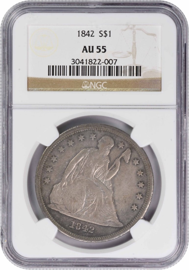 1842 Liberty Seated Silver Dollar AU55 NGC: 1842 Liberty Seated Silver Dollar AU55 NGC The 1842 Liberty Seated Silver Dollar is a circulated example of this iconic coin, certified by the Numismatic Guaranty Corporation (NGC) as AU55. With a ric