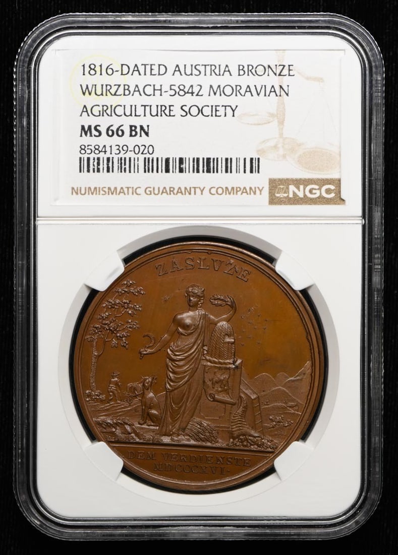 1816-DATED-AUSTRIA WURZBACH-5842 MORAVIAN AGRICULTURE BRONZE NGC MS66BN: 1816-DATED-AUSTRIA WURZBACH-5842 MORAVIAN AGRICULTURE BRONZE NGC MS66BN This 1816-Dated Austria Wurzbach 5842 Moravian Agriculture Bronze is an uncirculated coin with a high grade of MS66BN, certified