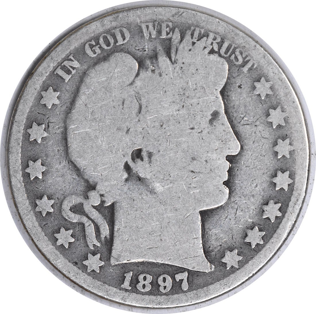 Barber Half Dollar 1897 G/ AG Uncertified: Barber Half Dollar 1897 G/ AG Uncertified The 1897 Barber Half Dollar is a notable coin from the early days of American currency, featuring the iconic Barber design. This circulated specimen boasts an
