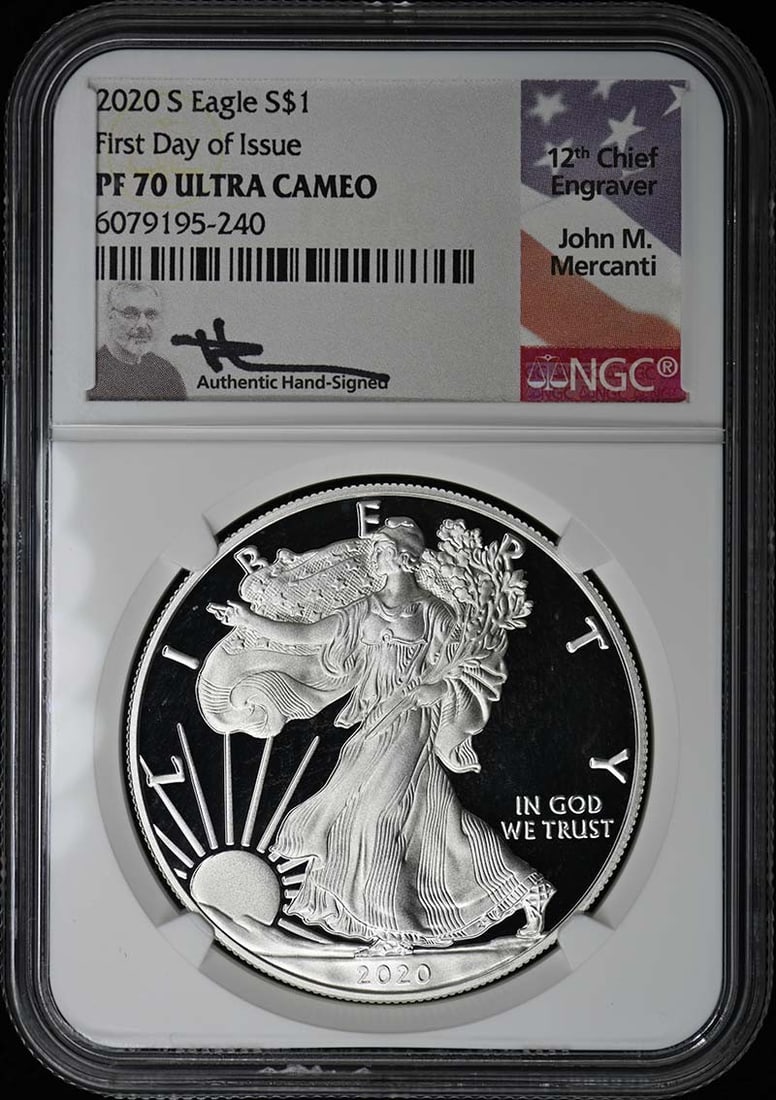 First Day of Issue 2020 S Eagle S$1: First Day of Issue 2020 S Eagle S$1 The 2020 First Day of Issue S$1 Silver Eagle features a majestic American bald eagle on its obverse, symbolizing freedom and strength. Struck from 1 oz of 99.9% fin