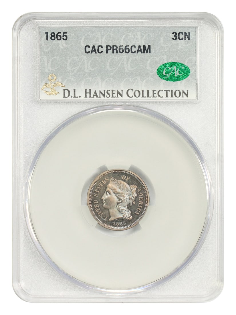 1865 3CN CACG PR66CAM ex: D.L. Hansen - Three Cent Nickel: 1865 3CN CACG PR66CAM ex: D.L. Hansen - Three Cent Nickel The 1865 3CN CACG PR66CAM ex: D.L. Hansen Three Cent Nickel is a stunning example of a rare and historic coin. Certified by the CACG with a hi