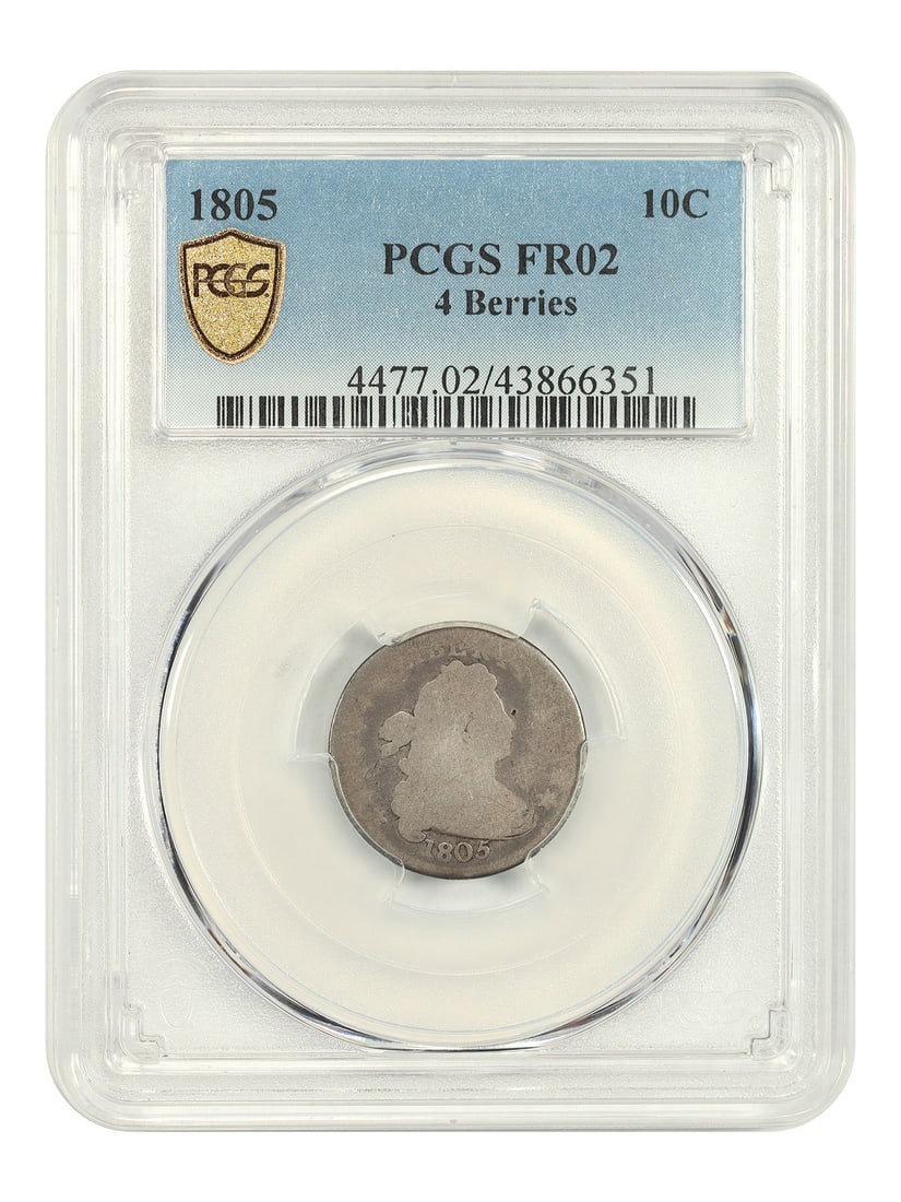 1805 10C PCGS Fair 02 (4 Berries) - Draped Bust Dime: 1805 10C PCGS Fair 02 (4 Berries) - Draped Bust Dime The 1805 10C PCGS Fair 02 (4 Berries) - Draped Bust Dime is a circulated example of this historic coin, bearing the distinctive 4-berried design. C