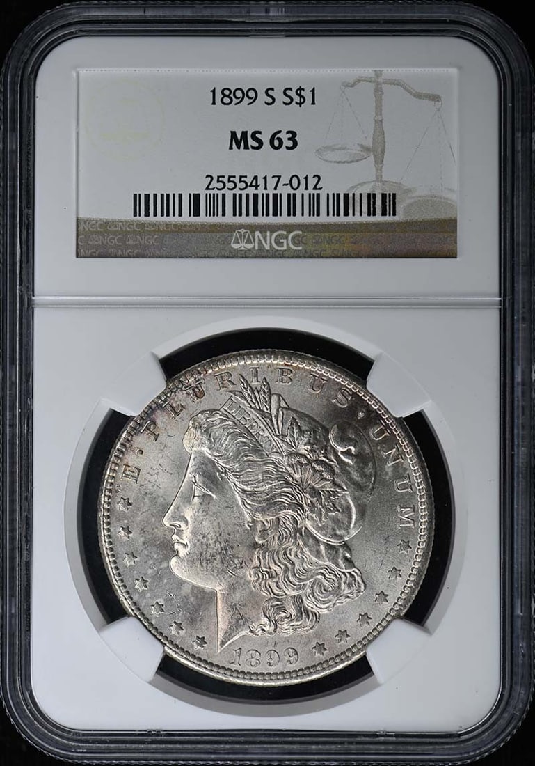 1899-S Morgan Dollar S$1 NGC MS63: 1899-S Morgan Dollar S$1 NGC MS63 The 1899-S Morgan Dollar S$1 is a highly detailed and well-preserved example of a circulated coin, graded MS63 by the Numismatic Guaranty Corporation (NGC). This coin