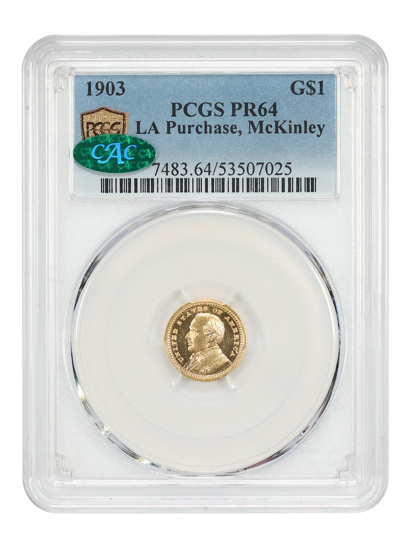 1903 G$1 LA Purchase, McKinley PCGS/ CAC PR64 - Classic Gold Commemorative: 1903 G$1 LA Purchase, McKinley PCGS/ CAC PR64 - Classic Gold Commemorative The 1903 G$1 LA Purchase is a highly sought-after gold commemorative coin, certified by PCGS and CAC as PR64. This uncirculat