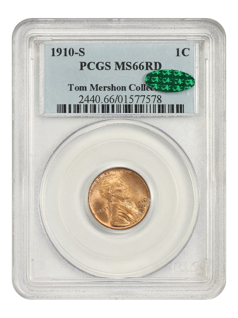 1910-S 1C PCGS/ CAC MS66RD ex: Tom Mershon Collection: 1910-S 1C PCGS/ CAC MS66RD ex: Tom Mershon Collection The 1910-S 1C PCGS/ CAC MS66RD is a highly graded, uncirculated Indian Head cent from the 1910 San Francisco mint, certified by both PCGS and CAC.