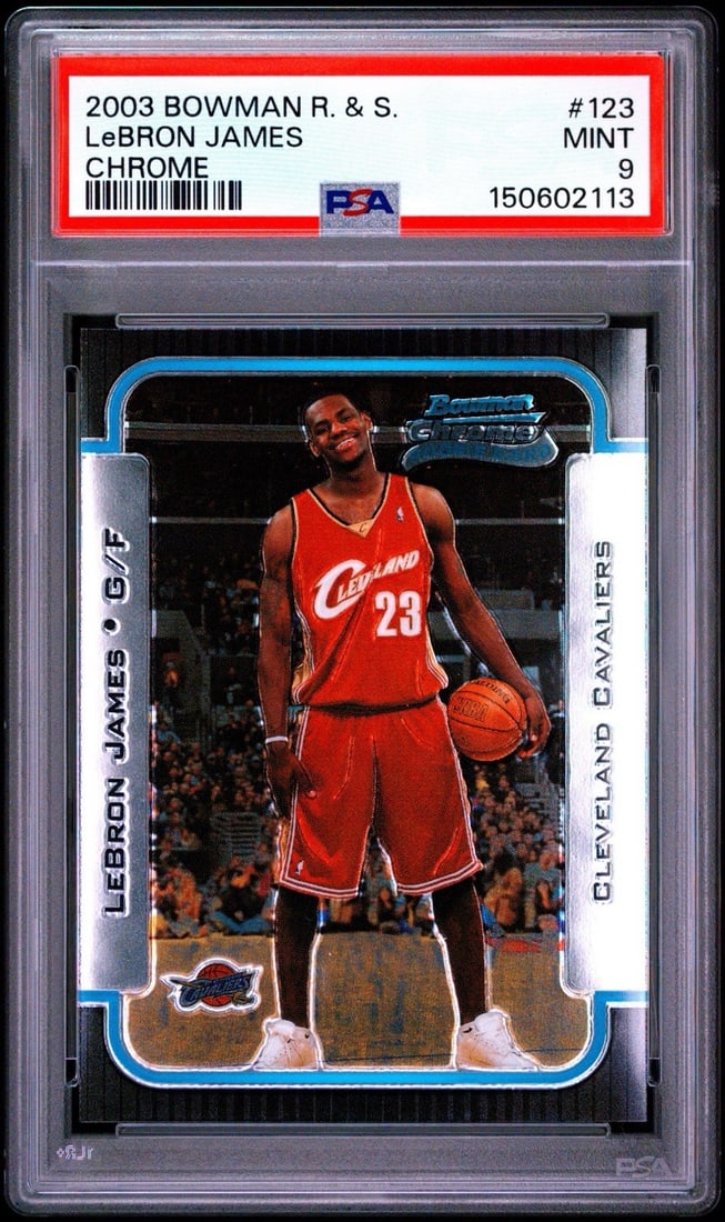 2003 BOWMAN ROOKIES & STARS LEBRON JAMES #123 CHROME ROOKIE PSA 9: 2003 BOWMAN ROOKIES & STARS LEBRON JAMES #123 CHROME ROOKIE PSA 9 2003 Bowman Rookies & Stars Chrome Rookie LeBron James #123 is a highly graded PSA 9 card, showcasing the young LeBron James in his ro