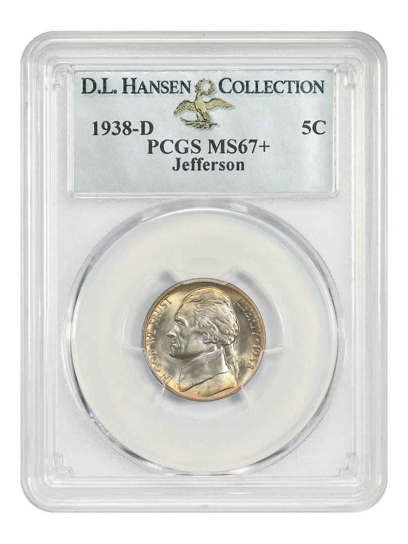 1938-D Jefferson 5c PCGS MS67+ ex: D.L. Hansen: 1938-D Jefferson 5c PCGS MS67+ ex: D.L. Hansen The 1938-D Jefferson 5c, graded MS67+, is a highly detailed and well-certified example of this iconic coin. This piece has been extensively graded by PCG