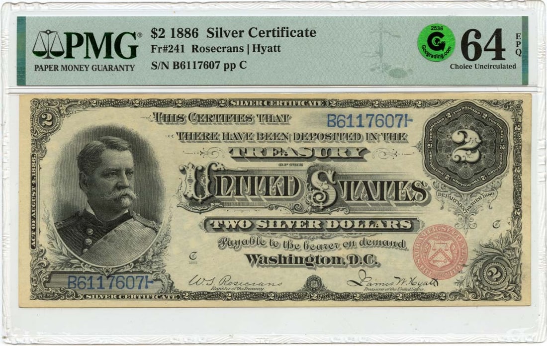 1886 $2 Silver Certificate Fr# 241 PMG CH64 EPQ GCC Green: 1886 $2 Silver Certificate Fr# 241 PMG CH64 EPQ GCC Green The 1886 $2 Silver Certificate Fr# 241 PMG CH64 EPQ GCC Green is an uncirculated example of a rare and historic US currency note. This PMG-cer