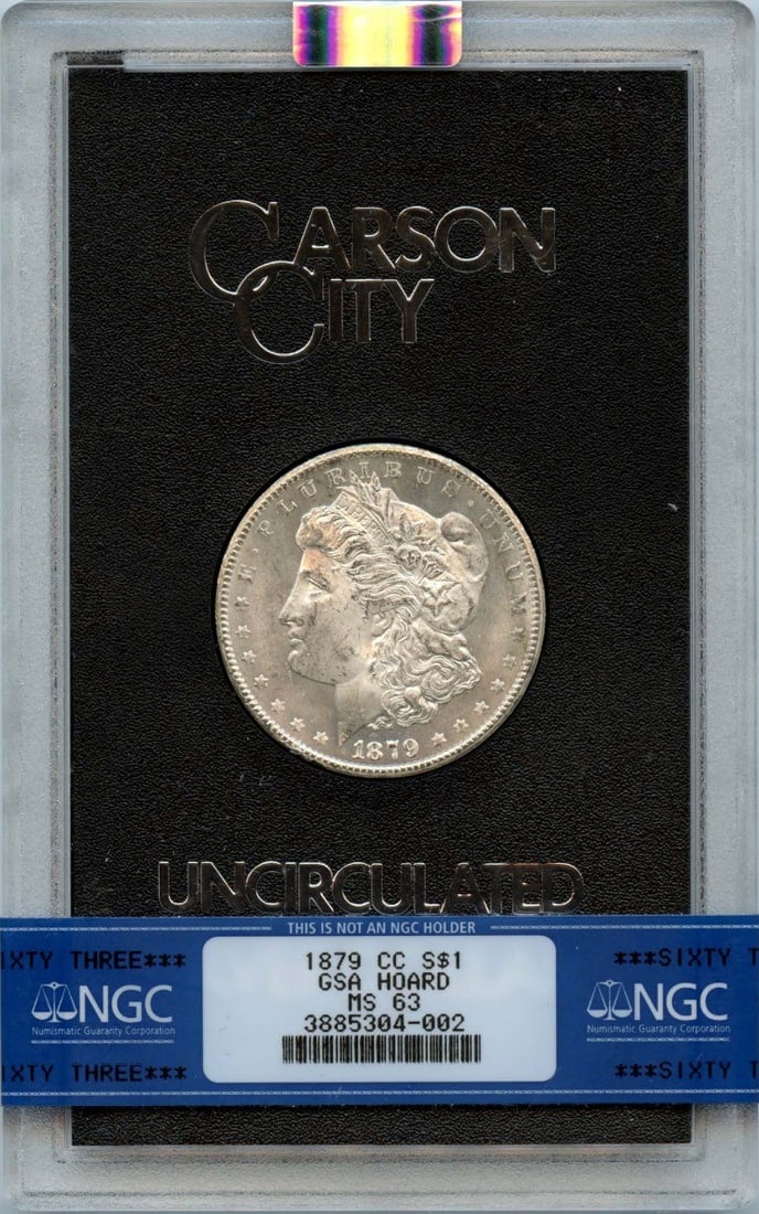 1879-CC Morgan Dollar GSA HOARD S$1 NGC MS63: 1879-CC Morgan Dollar GSA HOARD S$1 NGC MS63 The 1879-CC Morgan Dollar GSA HOARD is a highly sought-after coin, graded MS63 by the Numismatic Guaranty Corporation (NGC). Certified by the GSA, this coi