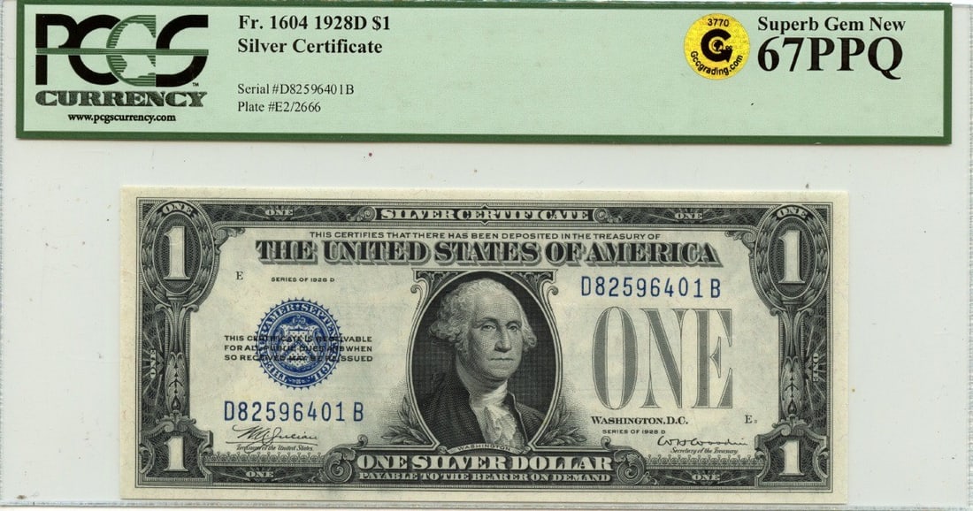 1928D $1 Silver Certificate FR#1604 PCGS Superb GEM 67 PPQ GCC Gold: 1928D $1 Silver Certificate FR#1604 PCGS Superb GEM 67 PPQ GCC Gold MS67 PCGS Superb GEM 67 PPQ GCC, a 1928D $1 Silver Certificate with exceptional condition and a high grade from the Professional Cur