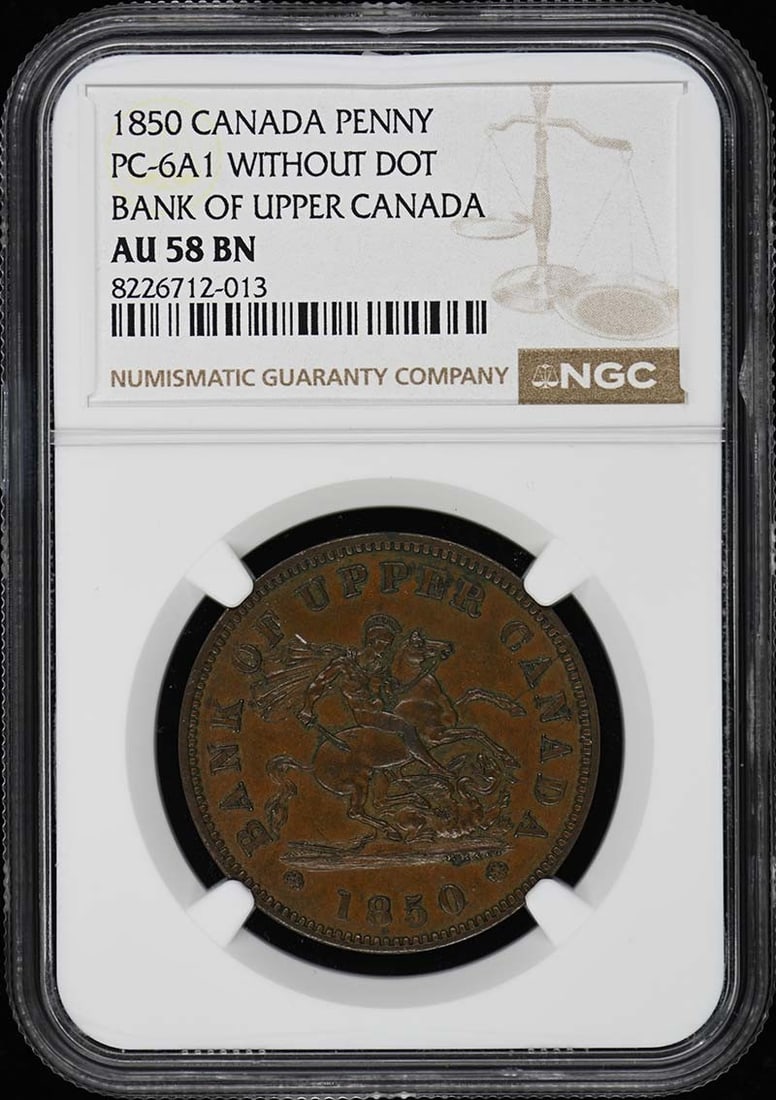 1850 Bank of Upper CANADA PC-6A1 WITHOUT DOT PENNY NGC AU58BN: 1850 Bank of Upper CANADA PC-6A1 WITHOUT DOT PENNY NGC AU58BN The 1850 Bank of Upper Canada PC-6A1 features a rich history and a unique design. This circulated coin boasts a grade of AU58BN, certified