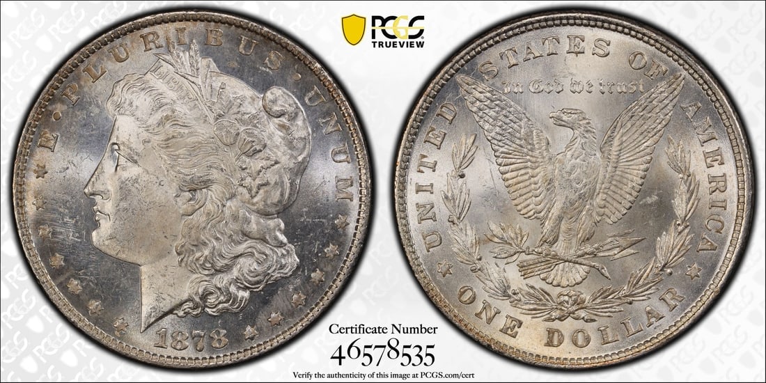 8TF MORGAN 1878 DOLLAR PCGS MS63 SEMI PL: 8TF MORGAN 1878 DOLLAR PCGS MS63 SEMI PL The 1878 Morgan dollar, graded MS63 by PCGS, boasts a rich history as a circulated uncirculated coin from the Philadelphia mint, bearing a unique Km number and