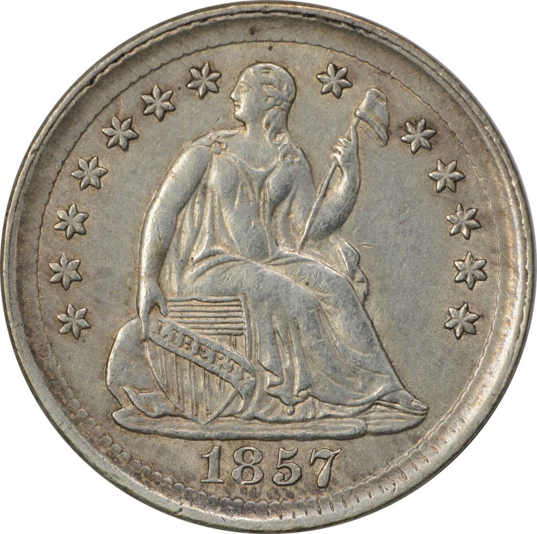 Silver Half Dime AU Slider Uncertified 1857 Liberty Seated: Silver Half Dime AU Slider Uncertified 1857 Liberty Seated Silver Half Dime AU Slider Uncertified 1857 Liberty Seated features a circulated 1857 Liberty Seated coin with an AU (about uncirculated) gra