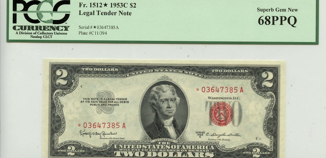 1953C $2 Legal Tender Note FR#1512* PCGS Superb Gem68 PPQ: 1953C $2 Legal Tender Note FR#1512* PCGS Superb Gem68 PPQ The 1953C $2 Legal Tender Note, graded MS69 by PCGS, boasts a Superb Gem68 condition with a striking appearance. This uncirculated note featur