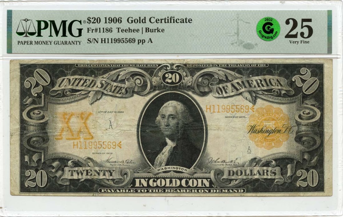 1906 $20 Gold Certificate FR#1186 PMG VF25 GCC Green: 1906 $20 Gold Certificate FR#1186 PMG VF25 GCC Green Item Specifics: Certification: PMG Certification Number: 2302586014 Grade: VF25 Circulated/Uncirculated: Circulated Denomination: 1186 Year: 1906 P