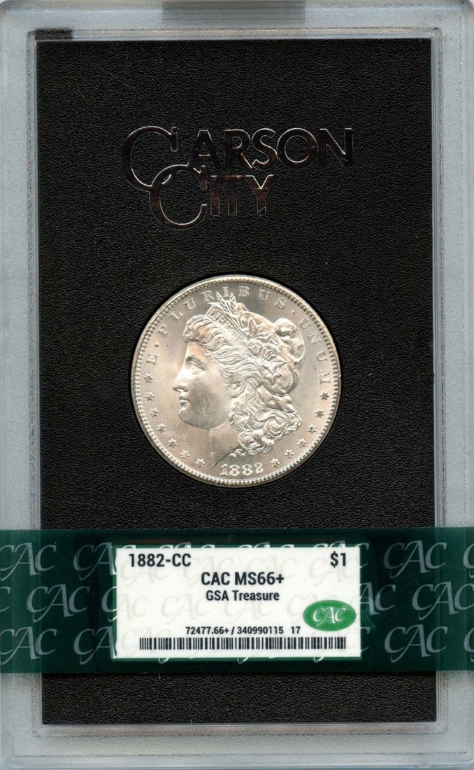 1882-CC $1 Morgan Dollar GSA Hoard CACG MS66+ CAC: 1882-CC $1 Morgan Dollar GSA Hoard CACG MS66+ CAC The 1882-CC $1 Morgan Dollar on offer is a highly graded CACG MS66+ coin, certified as uncirculated and bearing the Carson City mint mark. This coin i