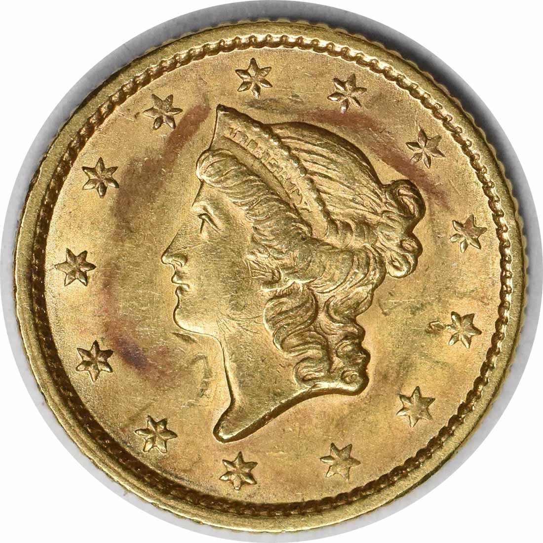 Gold Type 1 AU Slider Uncertified $1 1853: Gold Type 1 AU Slider Uncertified $1 1853 The 1853 $1 Gold Type 1 AU Slider features a reeded edge and a diameter of 12.70 millimeters, making it a unique and interesting piece of numismatic history. 
