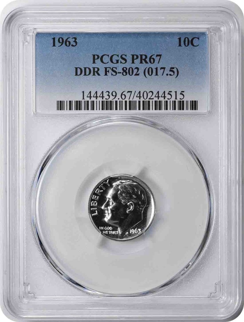 Silver Dime DDR FS-802 PRF67 PCGS: Silver Dime DDR FS-802 PRF67 PCGS PCGS PR67 1963 Silver Dime - A Rare Proof CoinThe 1963 Silver Dime, graded PR67 by PCGS, is a highly sought-after proof coin. With its striking PR67 grade, this coin 