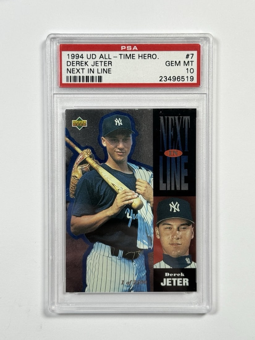 Derek Jeter 10 Next In Line All-Time Hero Upper Deck 1994: Derek Jeter 10 Next In Line All-Time Hero Upper Deck 1994 Derek Jeter's 1994 Upper Deck All-Time Heroes card is a highly graded 10 Next In Line, showcasing the legendary shortstop in his prime. This c
