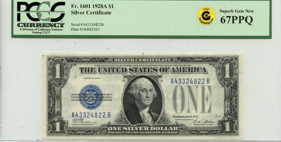 1928A $1 Silver Certificate FR#1601 PCGS Superb GEM 67 PPQ GCC Green: 1928A $1 Silver Certificate FR#1601 PCGS Superb GEM 67 PPQ GCC Green MS67 PCGS Superb GEM 67 PPQ GCC Green 1928A $1 Silver Certificate, certified by the leading authority in currency grading, boasts e