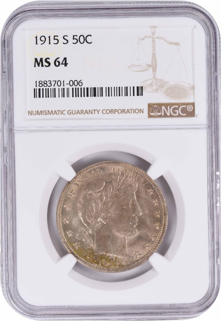 1915-S Barber Silver Half Dollar MS64 NGC: 1915-S Barber Silver Half Dollar MS64 NGC The 1915-S Barber Silver Half Dollar is a highly detailed and intricately designed coin, featuring the iconic portrait of Lady Liberty on its obverse side and