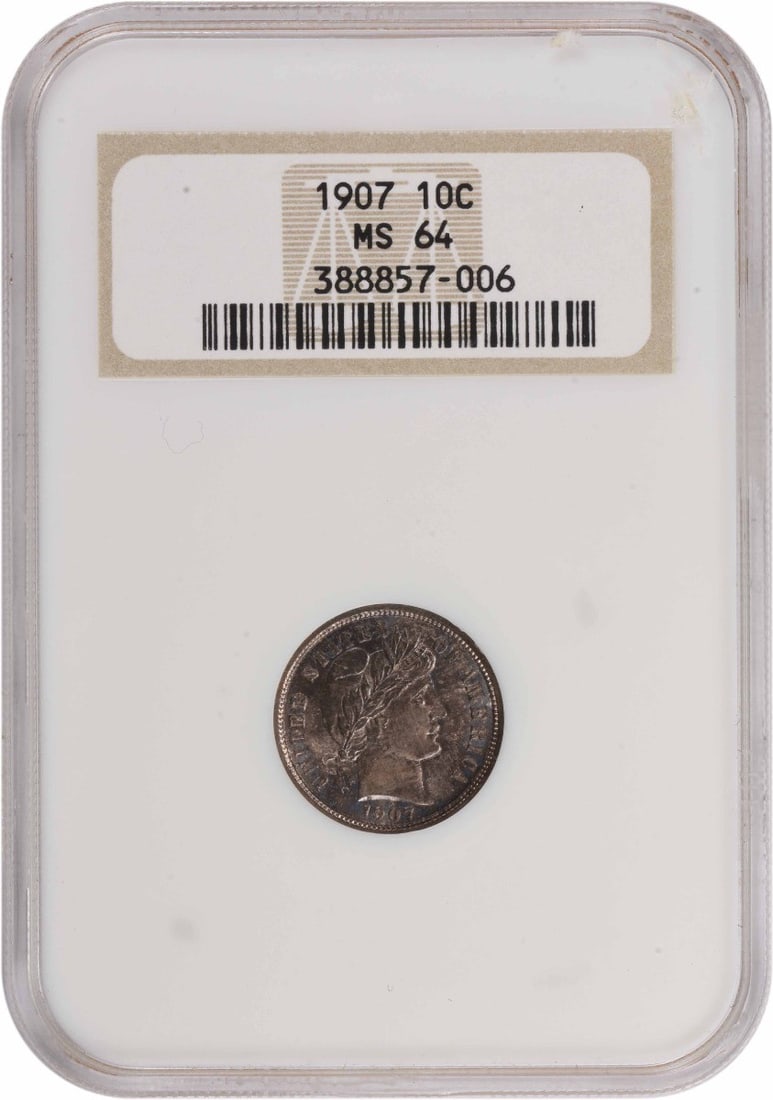 1907-P Barber Silver Dime MS64 NGC: 1907-P Barber Silver Dime MS64 NGC The 1907-P Barber Silver Dime MS64 NGC is a highly detailed and well-preserved coin, graded MS64 by the Numismatic Guaranty Corporation (NGC). This uncirculated coin