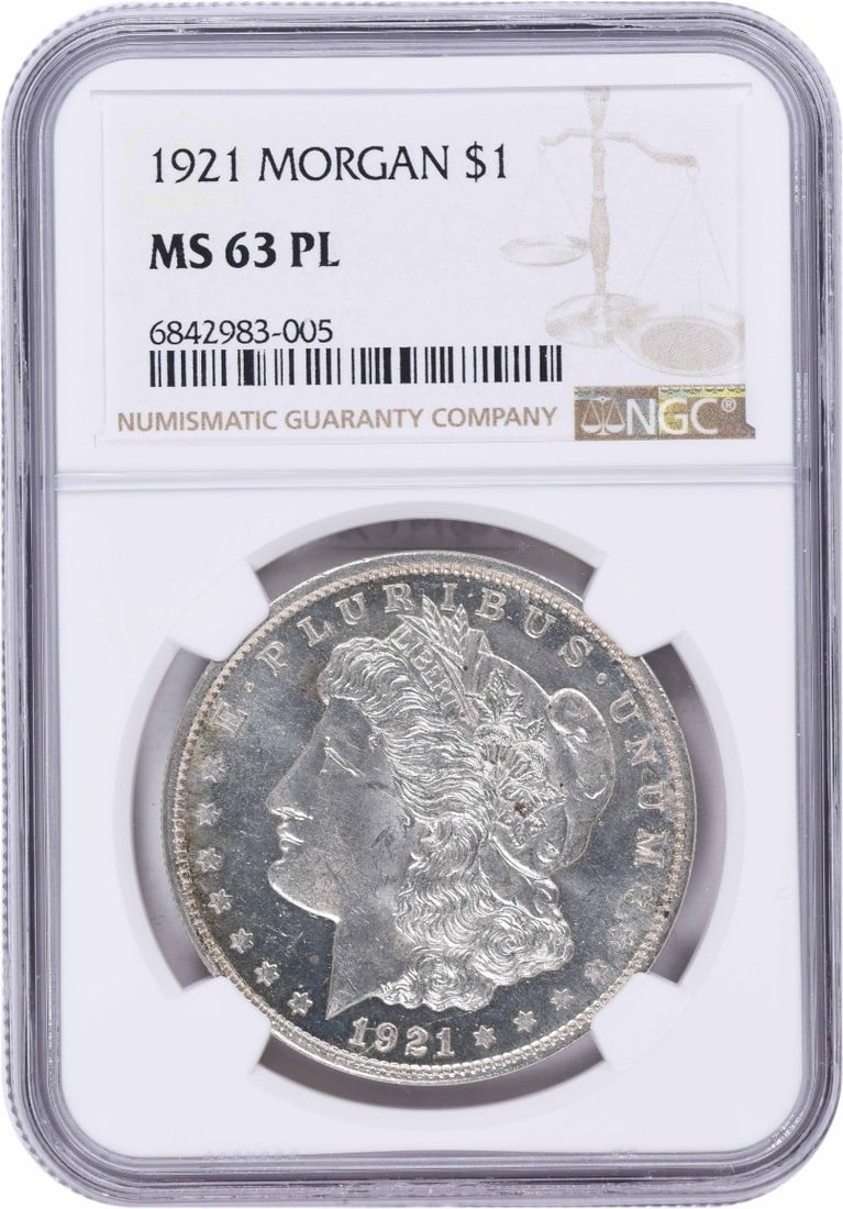 Morgan Silver Dollar MS63PL NGC 1921: Morgan Silver Dollar MS63PL NGC 1921 The 1921 Morgan Silver Dollar, graded MS63 by the NGC, is a highly detailed and well-preserved coin featuring the iconic design of George T. Morgan. With its 90% s