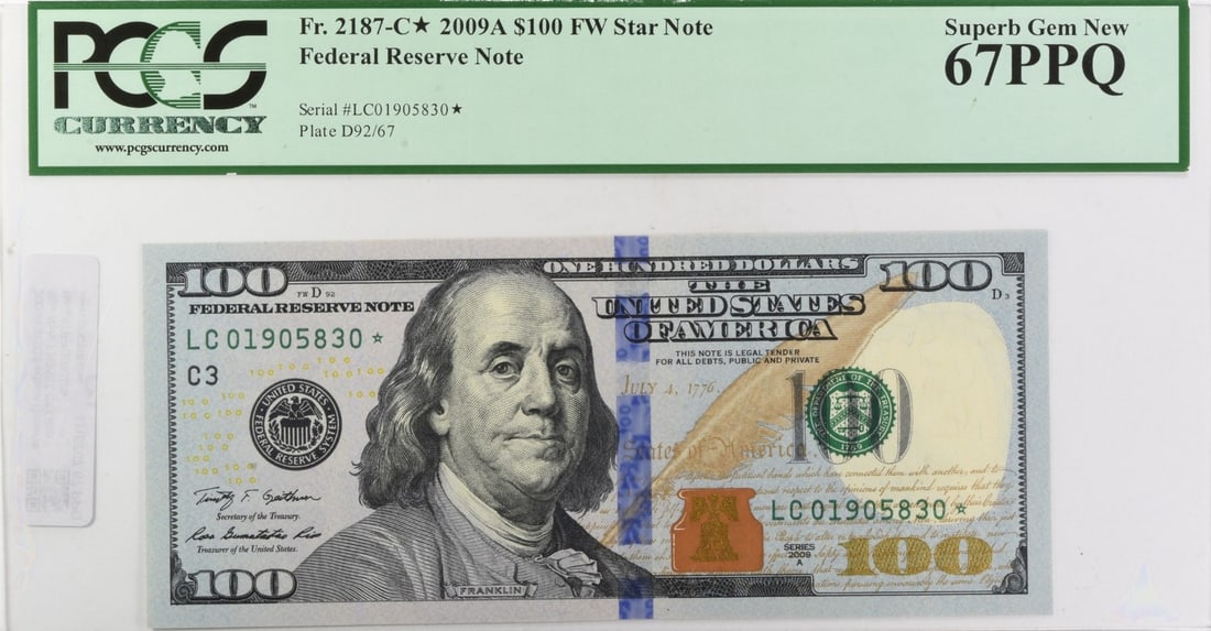 2009A $100 Federal Reserve Star Note FR2187-C* Gem New 67PPQ PCGS: 2009A $100 Federal Reserve Star Note FR2187-C* Gem New 67PPQ PCGS The 2009A $100 Federal Reserve Star Note is a highly graded, gem-quality example of the series, boasting a PCGS MS67 certification and