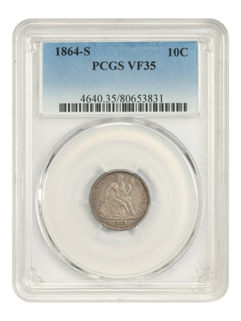 1864-S 10C PCGS VF35 - Liberty Seated Dime: 1864-S 10C PCGS VF35 - Liberty Seated Dime 1864-S 10C PCGS VF35 - Liberty Seated Dime. This circulated 1864-S dime features the iconic Liberty Seated design, minted in San Francisco. Certified by