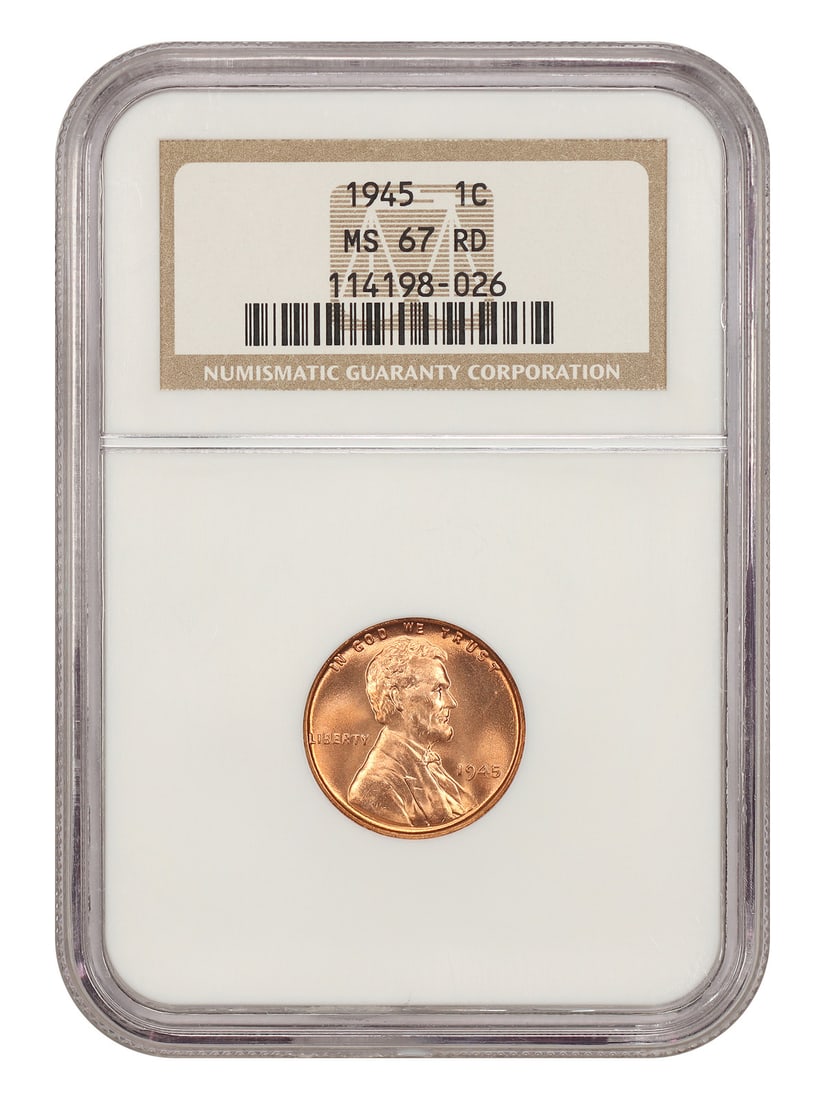 1945 1C NGC MS67RD - Lincoln Cent (Wheat Reverse): 1945 1C NGC MS67RD - Lincoln Cent (Wheat Reverse) The 1945 Lincoln Cent (Wheat Reverse) is a rare and highly detailed coin, graded MS67RD by the NGC. Its rich red color and exceptional mint state cond