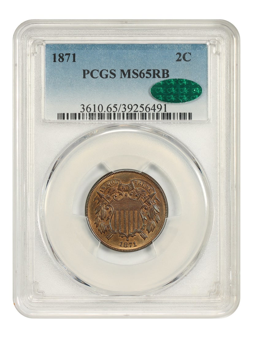 1871 2C PCGS/ CAC MS65RB - Two Cent - Better Date: 1871 2C PCGS/ CAC MS65RB - Two Cent - Better Date 1871 Two Cent coin, graded MS65RB by PCGS and CAC, with a rich reddish-brown color characteristic of the Better Date series. This uncirculated coin sh