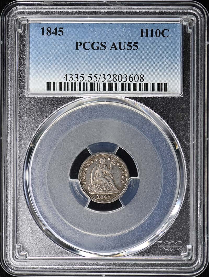 1845 H10C Liberty Seated Half Dime PCGS AU55: 1845 H10C Liberty Seated Half Dime PCGS AU55 The 1845 H10C Liberty Seated Half Dime is a circulated example of this iconic coin, certified by PCGS as AU55. This coin bears the signature of its designe