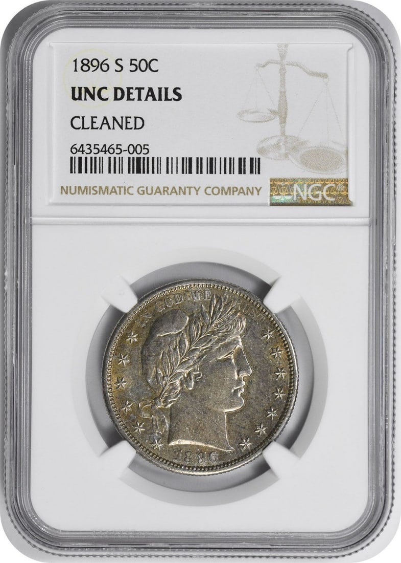 1896-S Barber Silver Half Dollar UNC Details (Cleaned) NGC: 1896-S Barber Silver Half Dollar UNC Details (Cleaned) NGC The 1896-S Barber Silver Half Dollar is a circulated example with UNC details, certified by the Numismatic Guaranty Corporation (NGC). This c