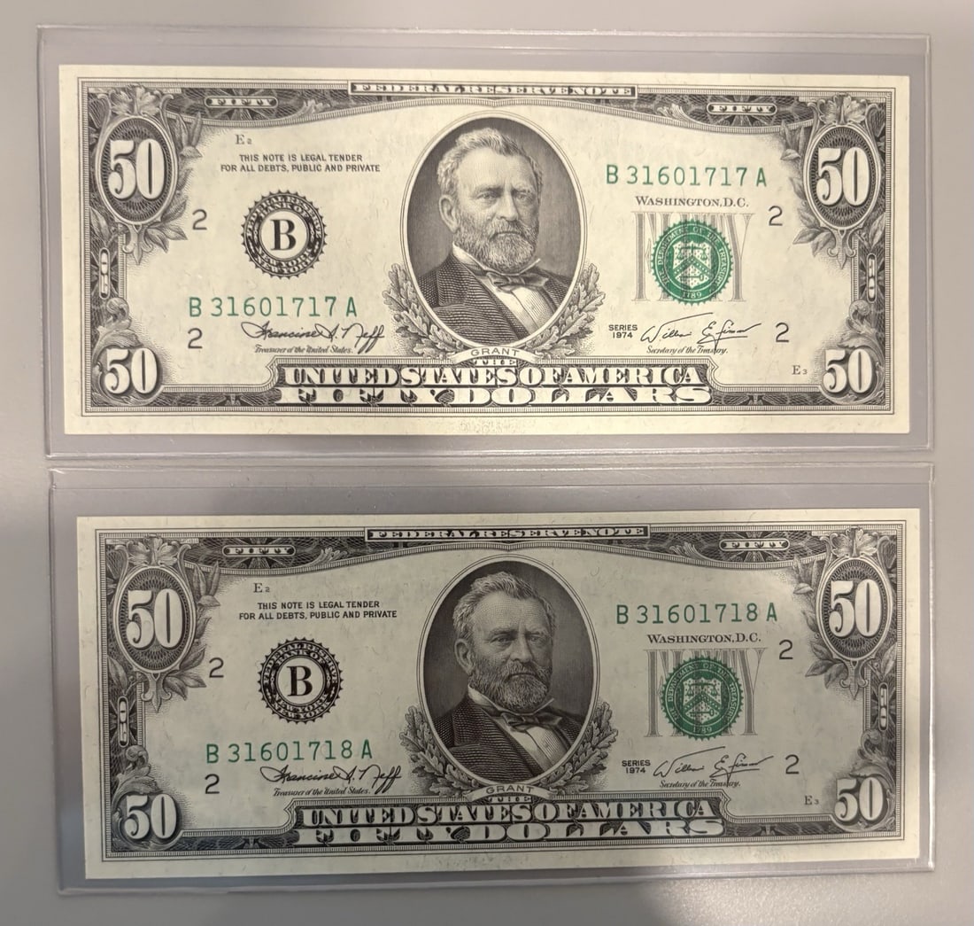 2 CONSECUTIVE 1974 $50 FEDERAL RESERVE NOTES CRISP UNCIRCULATED: 2 CONSECUTIVE 1974 $50 FEDERAL RESERVE NOTES CRISP UNCIRCULATED Item Specifics: Denomination: $50 Circulated/Uncirculated: Circulated Year: 1974 Certification: Uncertified Product Disclaimer: Grades a