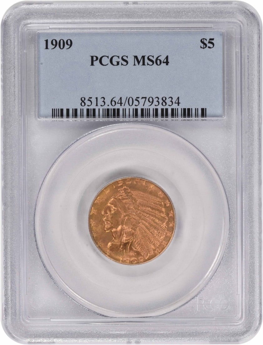 $5 Gold Indian MS64 PCGS: $5 Gold Indian MS64 PCGS The 1909 $5 Gold Indian MS64 PCGS is a highly detailed and intricately designed coin, featuring a reeded edge and a diameter of 21.60 millimeters. Certified by the PCGS as MS6