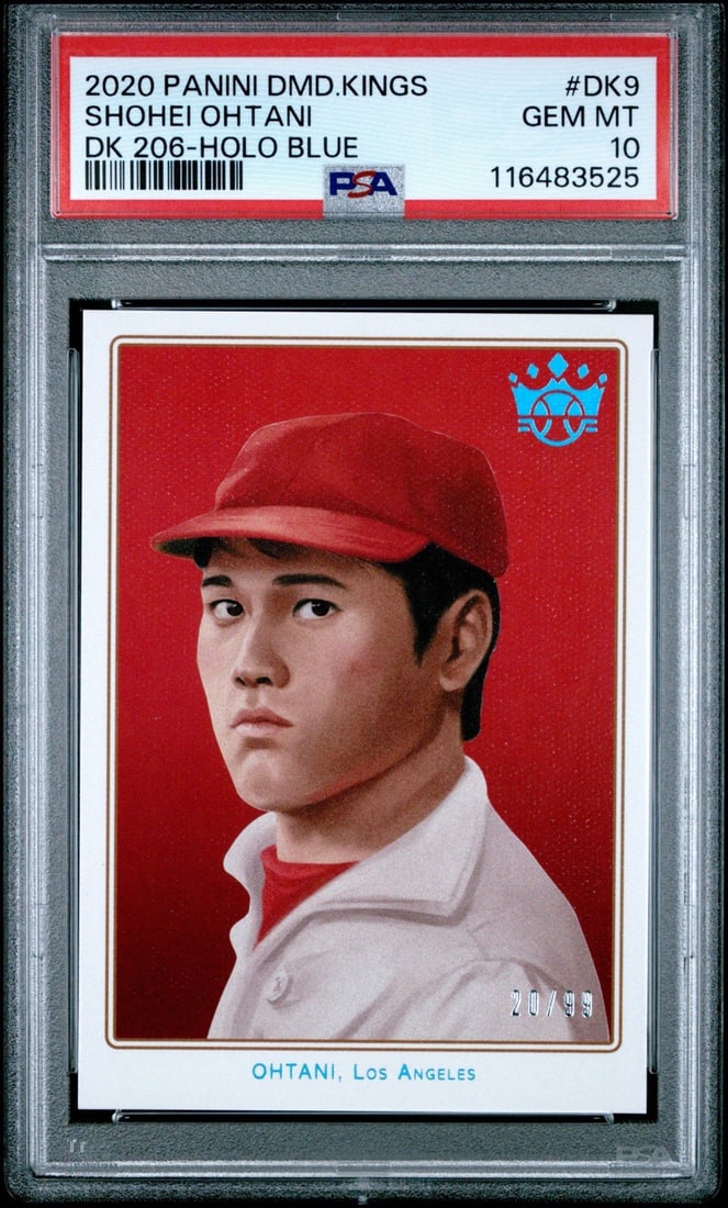 SHOHEI OHTANI 2020 PANINI DIAMOND KINGS HOLO BLUE 99 PSA 10: SHOHEI OHTANI 2020 PANINI DIAMOND KINGS HOLO BLUE 99 PSA 10 Shohei Ohtani's 2020 Panini Diamond Kings hologram card is a rare treasure for baseball collectors. Featuring the Los Angeles Angels star's 